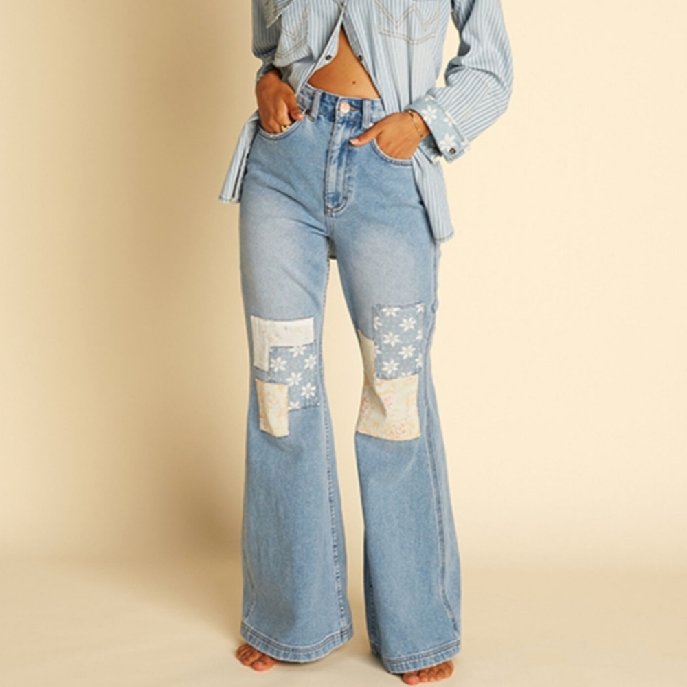 Wrangler x Billabong Womens High Rise Medium Wash Floral Patchwork Jeans Size 30